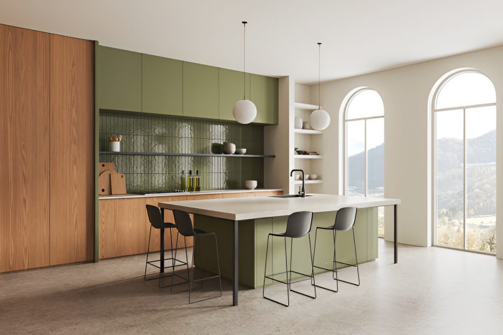 modern kitchen with olive green walls